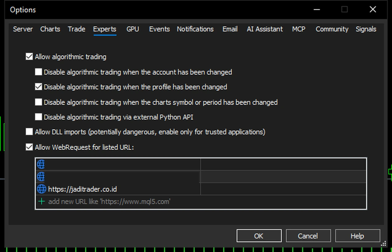 Langkah 4 — <code>Tools → Options → Experts</code>. Yang wajib: <b>Allow WebRequest for listed URL</b> tercentang, dan alamat servernya ada di daftar. Dua baris di atasnya sengaja ditutup karena itu isi daftar milik akun contoh; punyamu akan berbeda.